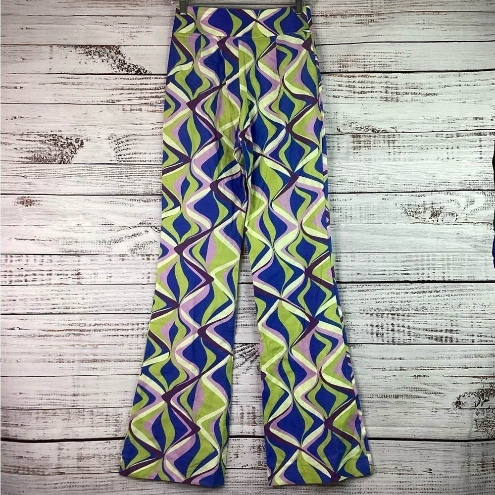 ZARA RETRO SIZE XS BLUE GREEN FLARED SUMMER PANTS SWIRL SPRING VACATION NWT‎